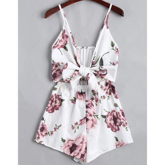 Floral romper white pink back self tie elastic waist lightweight SZ 1XL Summer - Picture 2 of 7